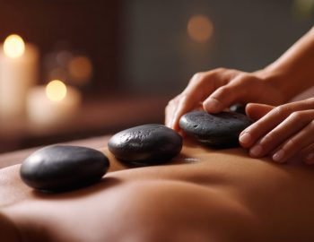 Hot stone massage on woman back with therapist hands and candles in spa interior.